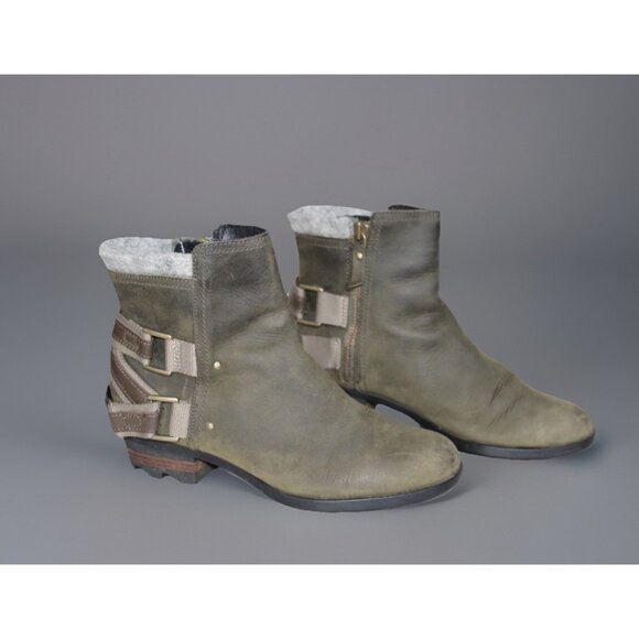 SOREL Boots 8.5 Lolla Ankle Bootie Green Leather Buckle Waterproof NL2269-213 - Picture 3 of 10